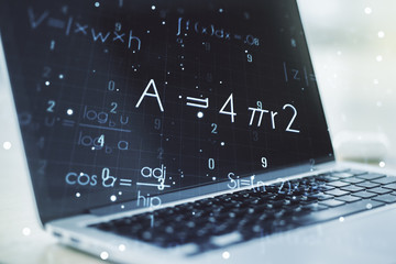 Creative scientific formula illustration on modern computer background, science and research concept. Multiexposure