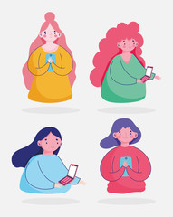 set of women using smartphone device cartoon