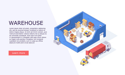 Isometric logistic warehouse inventory boxes trucks forklifts cargo and delivery storage banner vector illustration.