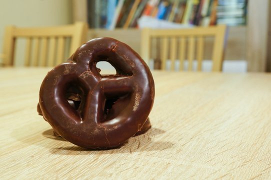 Chocolate pretzel shaped biscuit