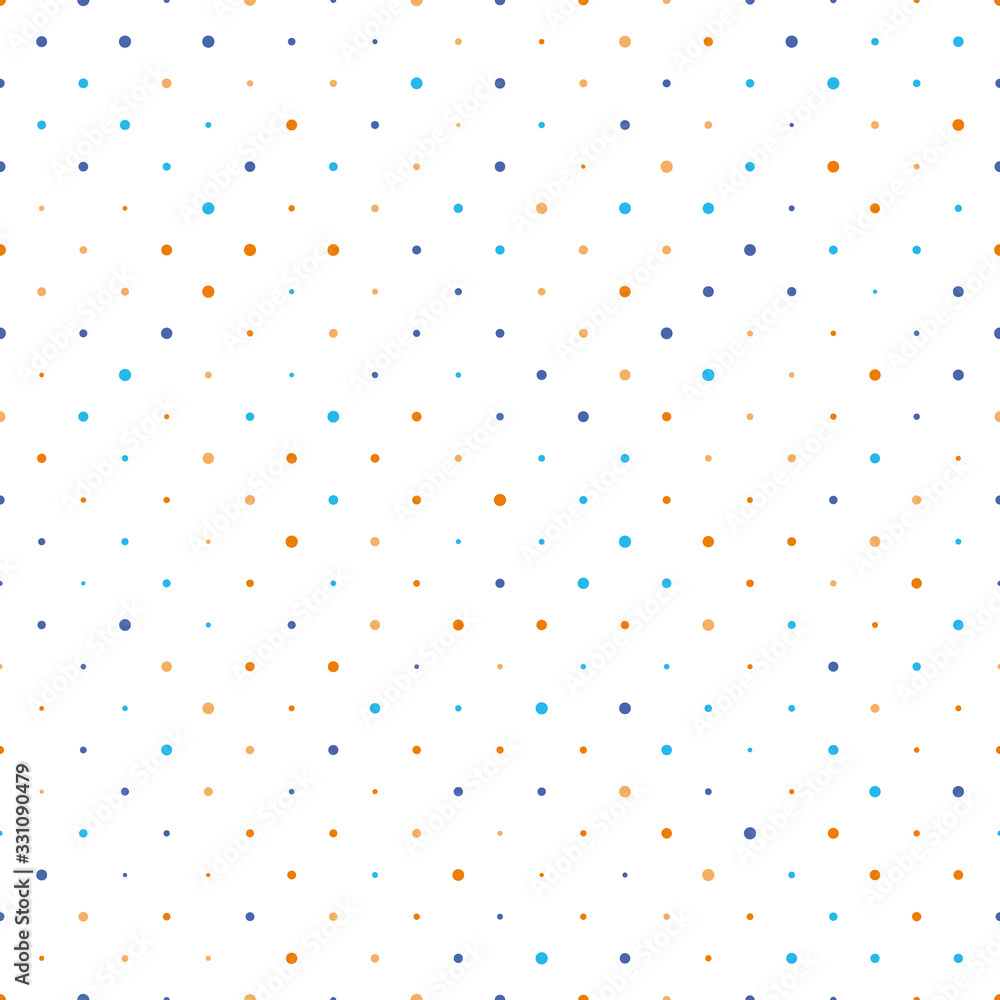 Poster seamless polka dot pattern. orange and blue dots in random sizes on white background. vector illustr