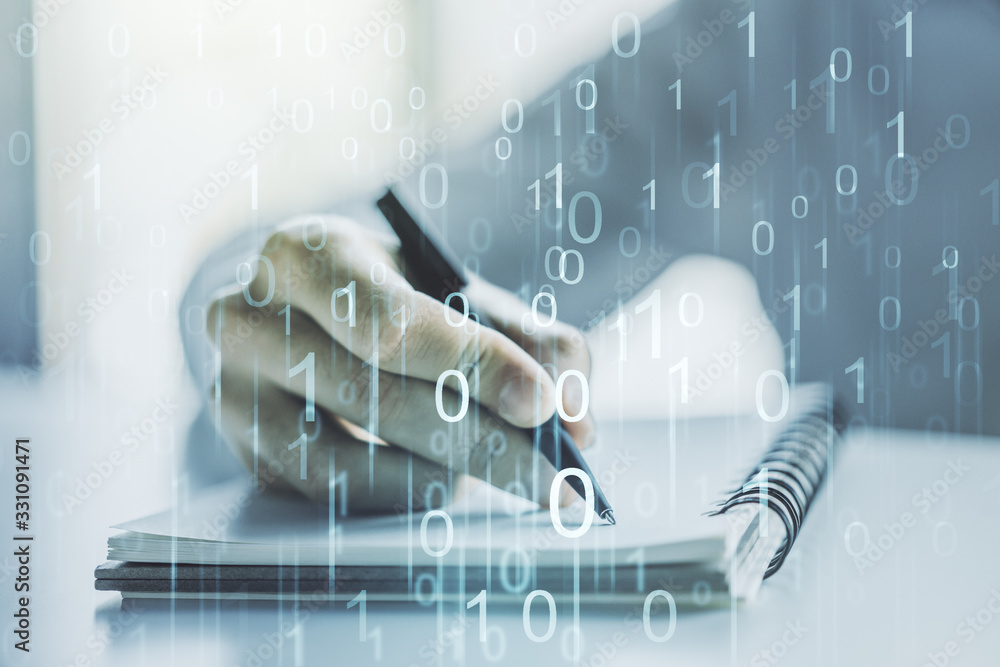 Leinwandbilder creative concept of binary code illustration and man hand writing in notebook on background. big dat