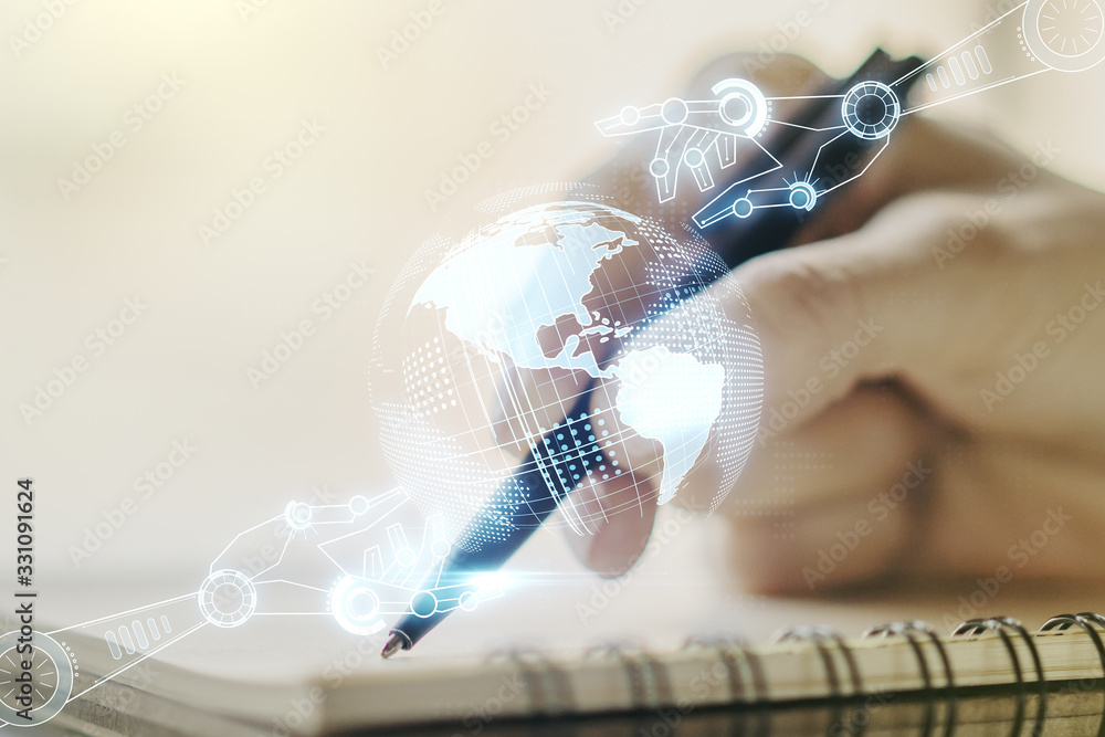 Poster double exposure of robotics technology with world map hologram and woman hand writing in notebook on