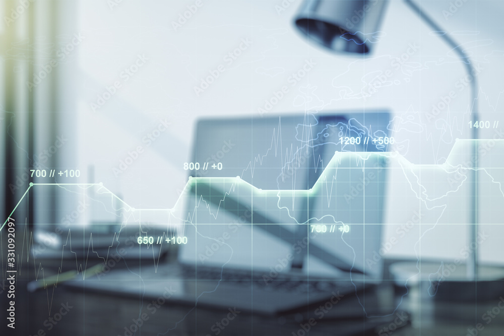 Aufkleber double exposure of abstract creative statistics data hologram on computer background, analytics and 
