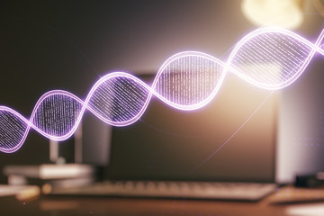 Creative concept with DNA symbol illustration on modern laptop background. Genome research concept. Multiexposure