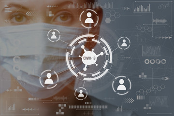 Concept infection in the world of the pandemic virus covid-19. Blurred girl in a medical mask on the background with graphs and icons. Toned.