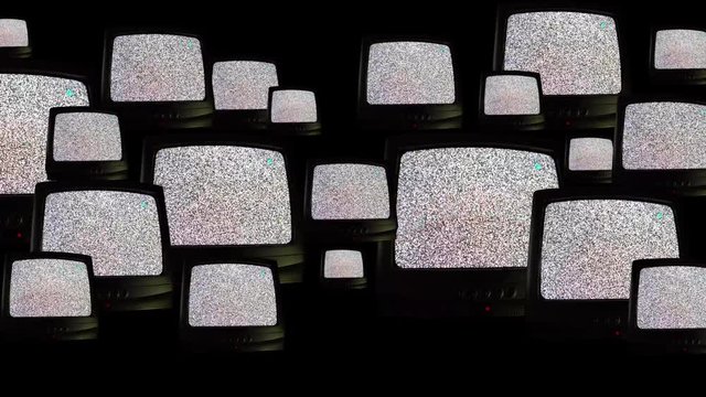 Multiple vintage televisions on black background, repeating pattern of many retro TVs with noise interference. TVs of 80s, old retro televisions with bad signal reception, multiple TVs watching
