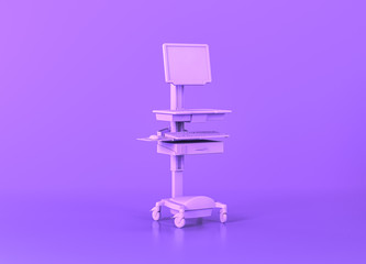 mobile computer cart, Medical equipment in flat monochrome purple room, 3d rendering