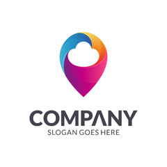 pin point and cloud logo design, logo concept of pointer with cloud shape suitable for mobile app, computer and internet, digital information technology company