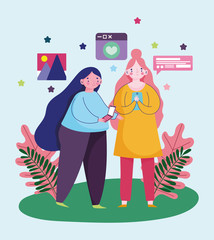 young women using smartphone chat picture website sharing