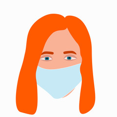 Concept of quarantine. Sad girl with red hair wearing protective face masks. 2019-nCoV Novel Corona virus, allergies, colds.  Vector illustration isolated on white background
