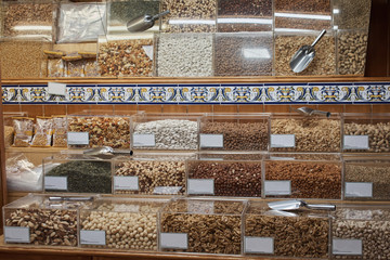 assortment of nuts exposed in showcase
