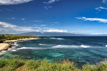 View of clean blue waters from Ho'okipa Beach on Maui.