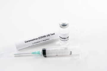 COVID-19. Vaccine, test and syringe injection. Immunization and treatment from corona virus infection. SARS-Cov-2 Pandemic 2020