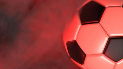White-Black Soccer ball with red dark toned foggy smoke background. 3D sketch design and illustration. 3D high quality rendering.