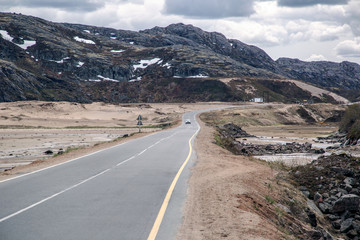 Road in the mountains. The roads of the Kola Peninsula. Russian north.