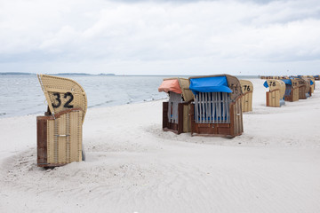 Beach chairs (Strandkorb) at the Baltic Sea in Laboe, Germany