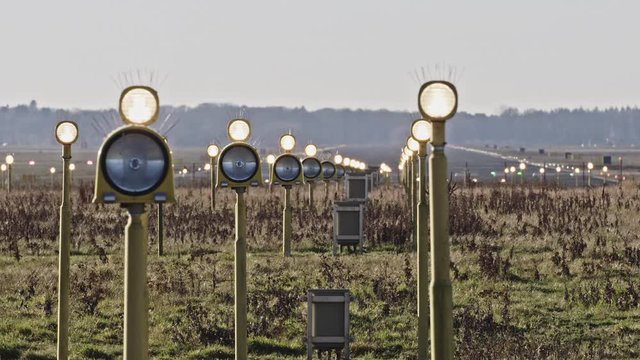 Flashing approach lighting system (ALS) at an airport runway. Eindhoven, The Netherlands.