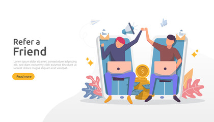 refer a friend strategy and affiliate marketing concept . people character sharing referral business partnership and earn money. template for web landing page, banner, poster, print media