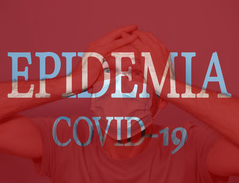Text EPIDEMIA COVID-19 on red background. man in protective medical mask screams in horror. hild with flu, influenza or cold protected from viruses among patients with coronavirus.