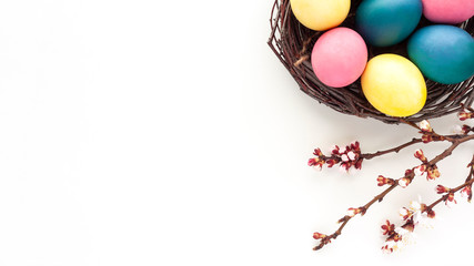 Easter background with colored natural dyed eggs in nest and flowering branches on white desk. Zero waste Easter concept. Flat lay, top view, copy space.