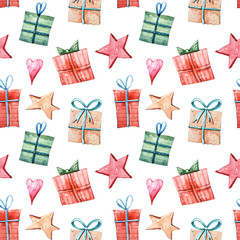 Watercolor colorful seamless holiday pattern with  gift boxes. Perfect for wrapping paper, textile design, print, fabric, packaging