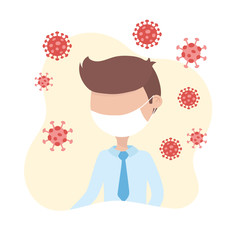Virus Covid-19 quarantine, sick man with protective mask coronavirus symbol