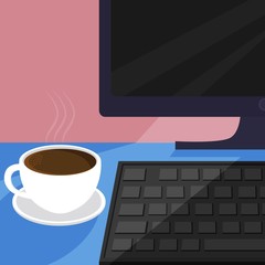 Illustration vector design of cup of coffee and the personal computer