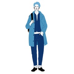 街中にいるスタイリッシュな男性（全身・ブルー・春）