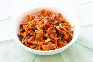 Stir fried with pork and vegetables sprinkle sesame seeds