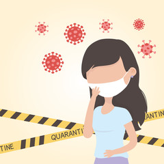 virus covid 19 quarantine, woman wearing mask protective coronavirus and tape prohibited