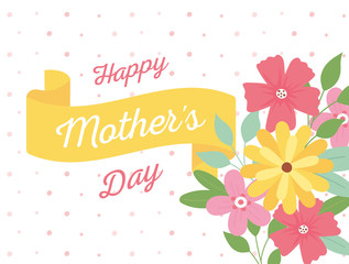 Obraz na płótnie Canvas happy mothers day, flowers lettering ribbon floral dots background