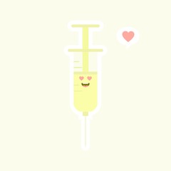 Cute and kawaii syringe. Vector flat cartoon character illustration icon design. Syringe, medical vaccine concept. can use for poster, element, mascot, emoji, emoticon for virus, corona virus covid-19