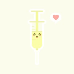 Cute and kawaii syringe. Vector flat cartoon character illustration icon design. Syringe, medical vaccine concept. can use for poster, element, mascot, emoji, emoticon for virus, corona virus covid-19
