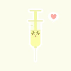 Cute and kawaii syringe. Vector flat cartoon character illustration icon design. Syringe, medical vaccine concept. can use for poster, element, mascot, emoji, emoticon for virus, corona virus covid-19