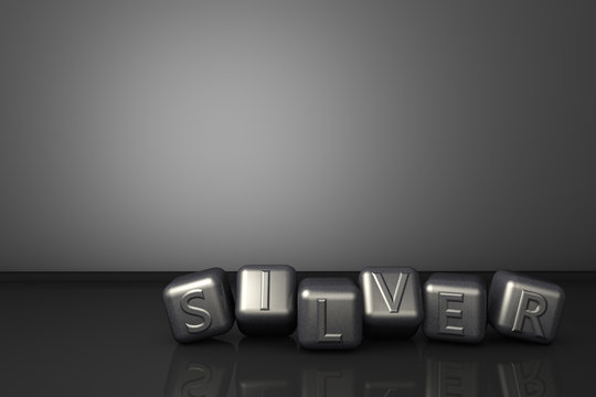 3d rendering of "SILVER" word with silver cubes. Gray background and reflective black floor. Copy space.