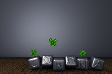3d rendering of "CORONA" word with silver cubes. Gray background and wooden floor. Corona and  influenza viruses. Copy space.