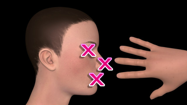 Areas On Face To Avoid Touching . Facial Hygiene Precautions .  Avoid Touching Mouth , Lips , Eyes , Nose . 3d Rendering Illustration