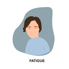 Sick girl with fatigue on blue background. Concept of health, symptoms: fever. Vector illustration isolated. Clean white background.	