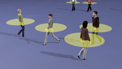 Crowd of people walking and maintaining safe physical distance from others.  Transparent disk defines safety zone to avoid close contact.  Social distancing theme. 3d rendering illustration