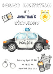 Watercolor card invitation to a Police officer party boy © MarinaErmakova