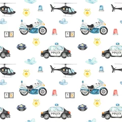 Keuken foto achterwand Auto Aquarel naadloze patroon met politiehelikopter, auto, motorfiets en knipperende lichten op een witte achtergrond.