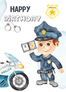 Happy birthday watercolor card with boy Police officer and motorcycle