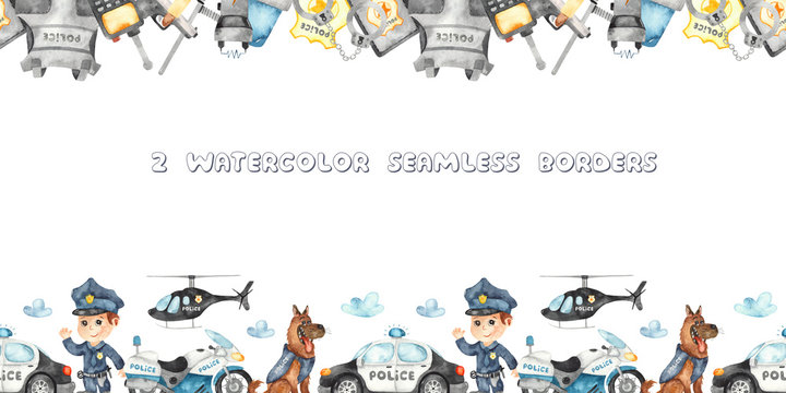 Watercolor seamless borders Police officer and equipment, car, helicopter, motorcycle