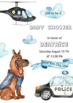 Watercolor baby shower with Police car, helicopter, dog shepherd