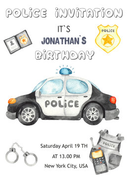 Watercolor card invitation to a Police officer party boy