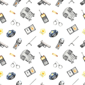 Watercolor seamless pattern with police equipment on a white background.