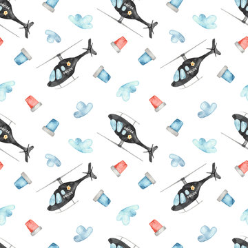 Watercolor seamless pattern with police helicopter and flashing lights on a white background.