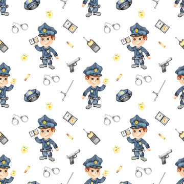 Watercolor seamless pattern with boy a police officer and Police equipment on a white background