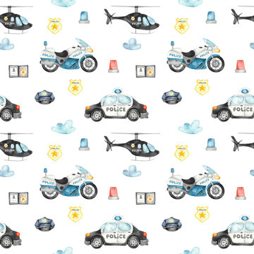 Watercolor seamless pattern with police helicopter, car, motorcycle and flashing lights on a white background.